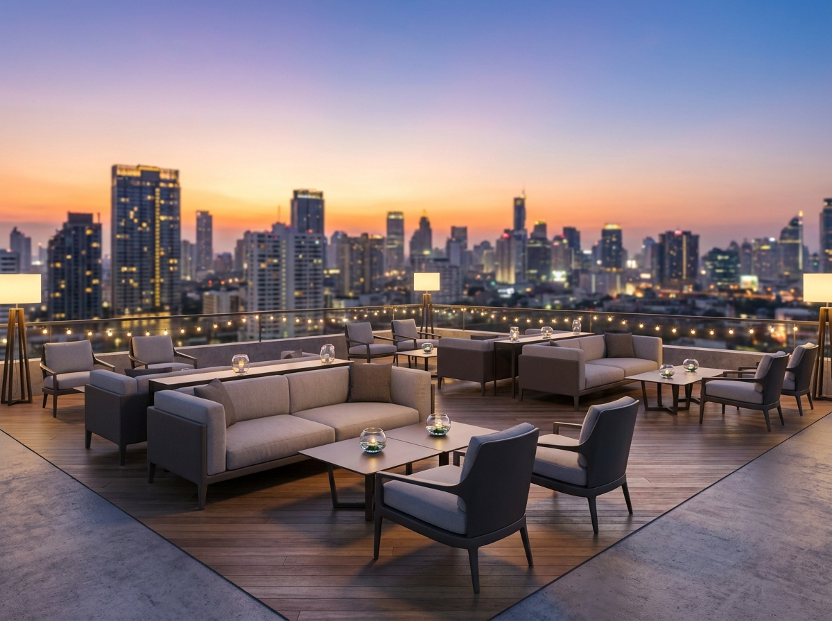 An empty rooftop lounge set for a networking mixer in Memphis.