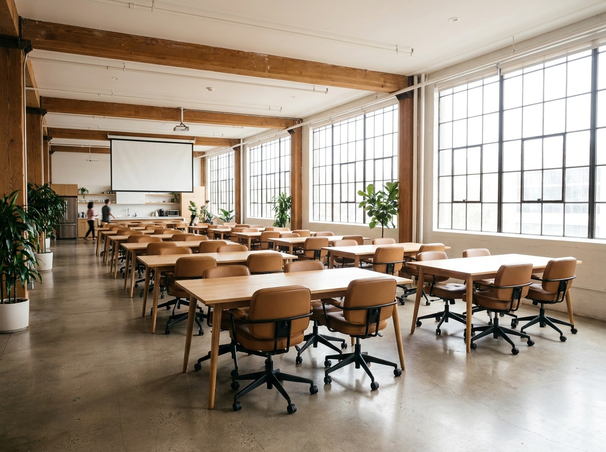An empty co-working space prepared for a business workshop in Memphis.