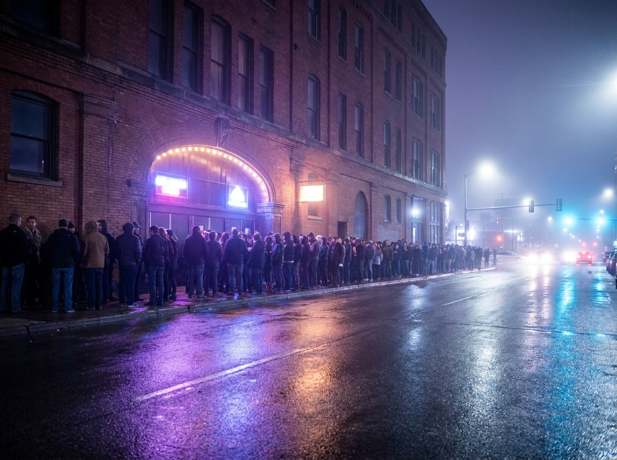 A queue of attendees waiting to get into a metal event at night.