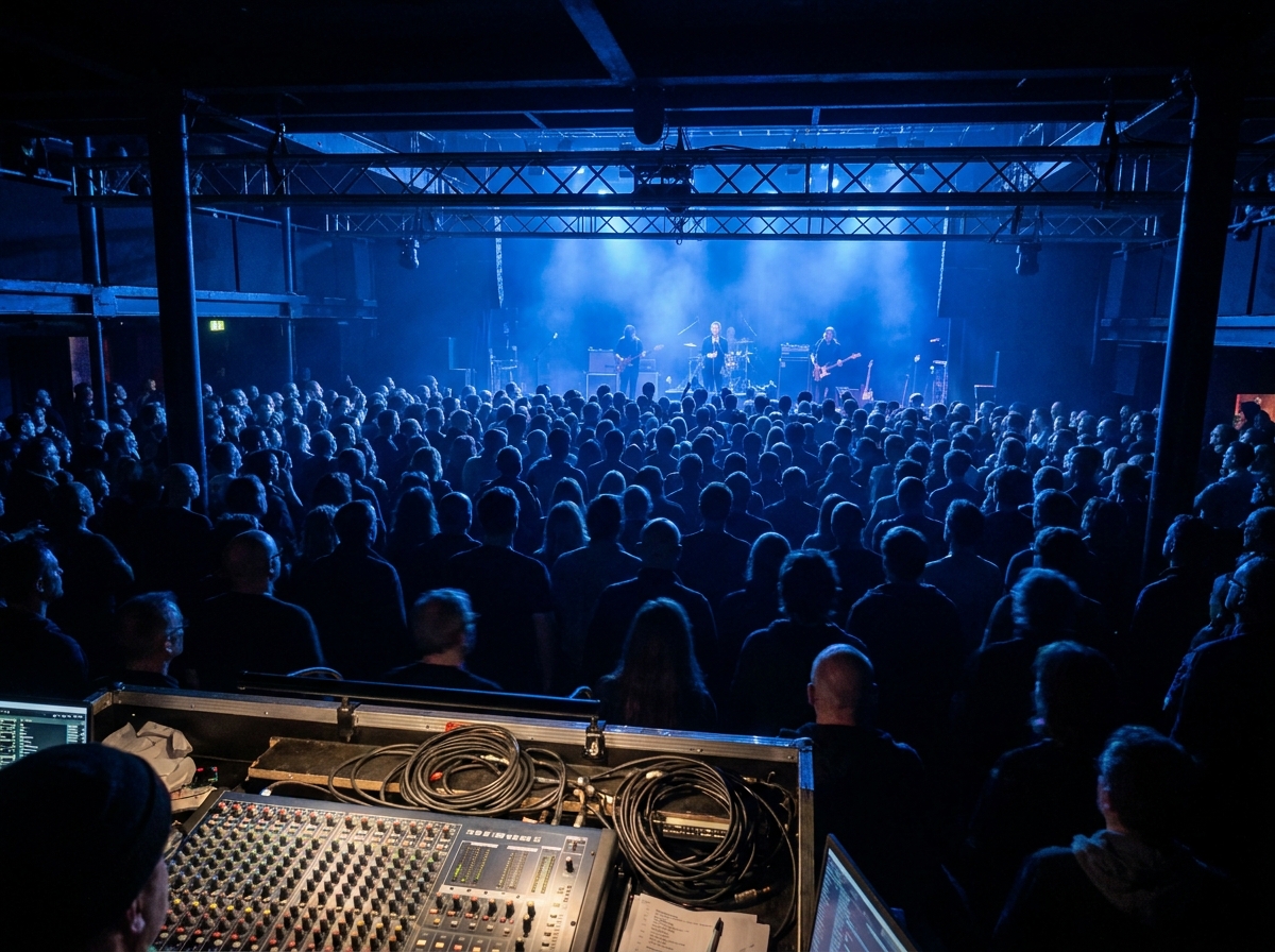 A crowd of fans inside a music venue, seen from the perspective of the sound booth.