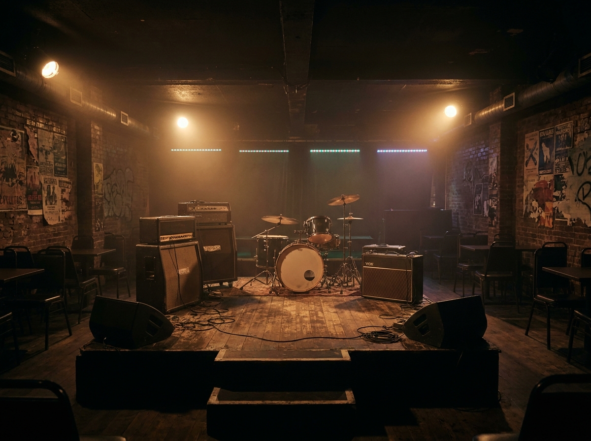 An empty stage with a drum kit at a club, prepared for a metal show.