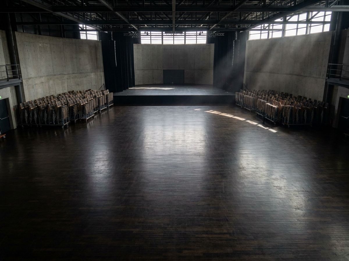 An expansive, empty concert hall floor ready for a large metal event.