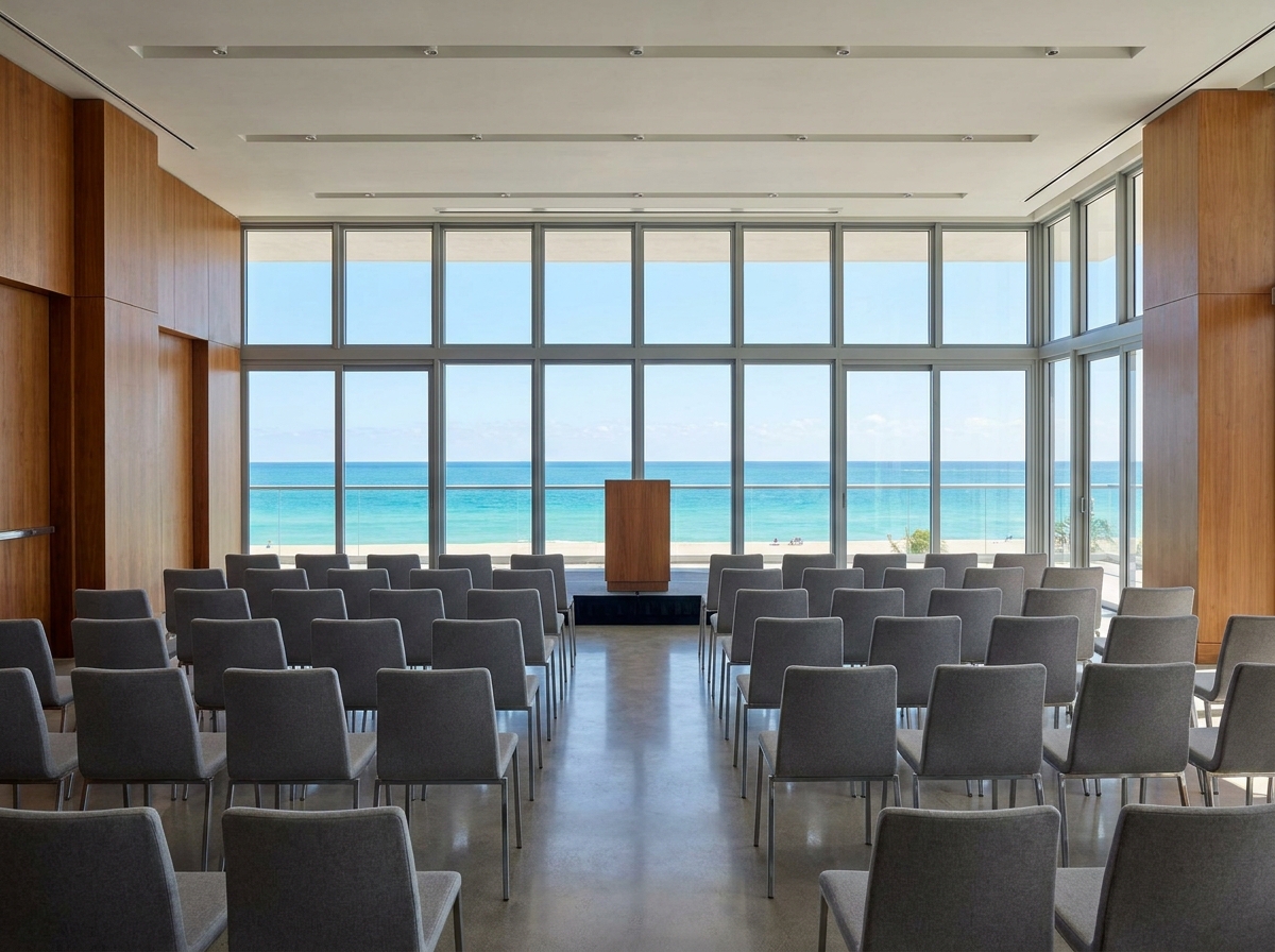 A bright, professional hotel lobby in Miami Beach set for a business event.