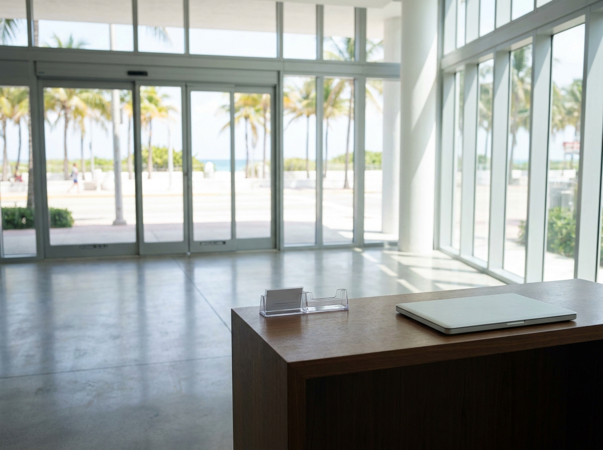 An empty art gallery in Miami Beach set up for a professional networking mixer.