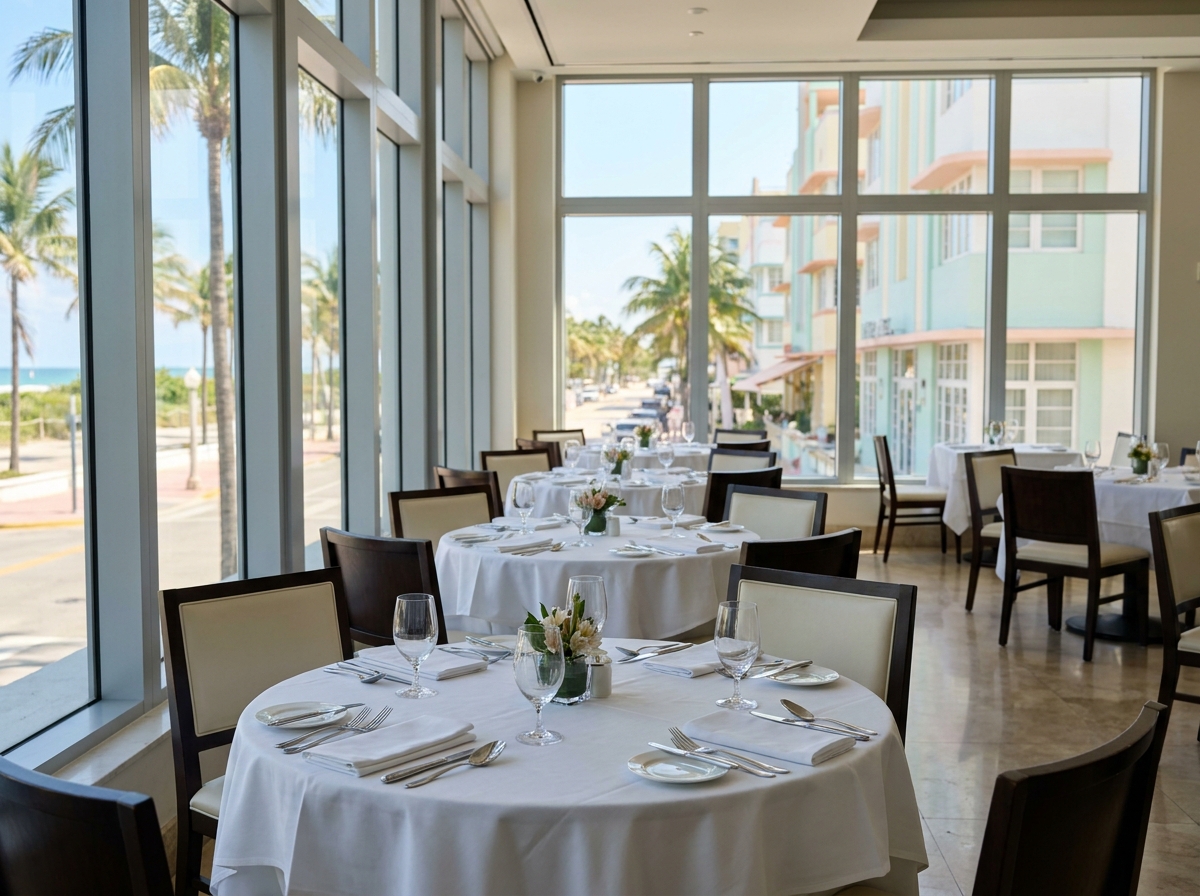An empty conference room set for a business event, overlooking the Miami Beach ocean.