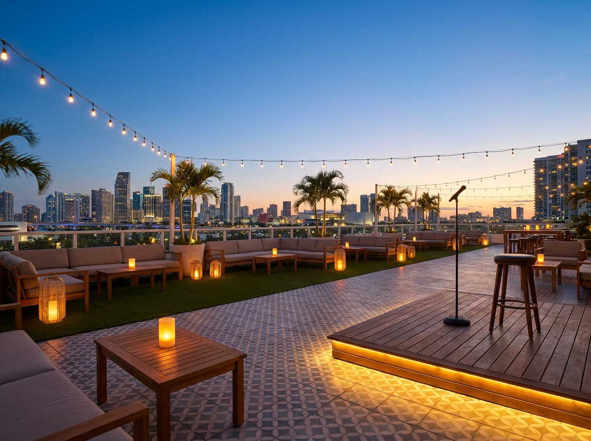 An empty, stylish Miami lounge prepared for a comedy night.
