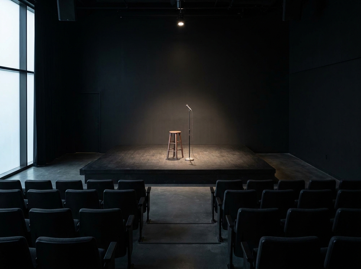 The entrance to a modern venue, ready for comedy show check-in.