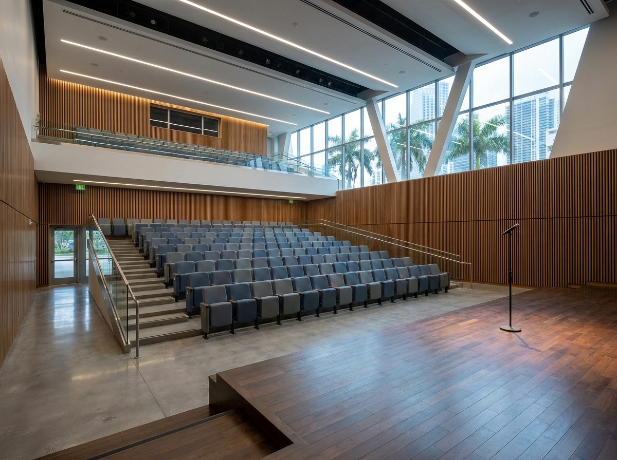 A large, empty stage in Miami prepared for a major stand-up comedy show.