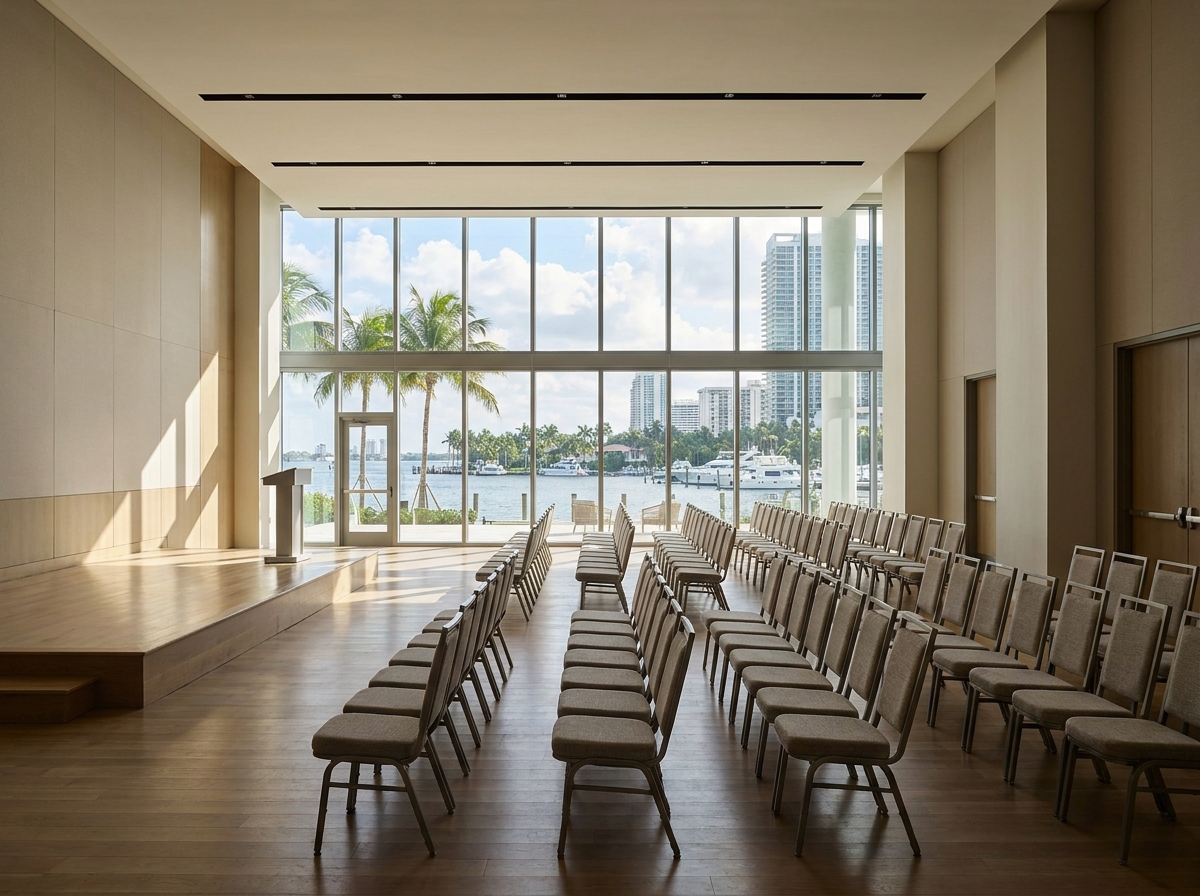 An empty co-working space in Miami ready for a business meetup.
