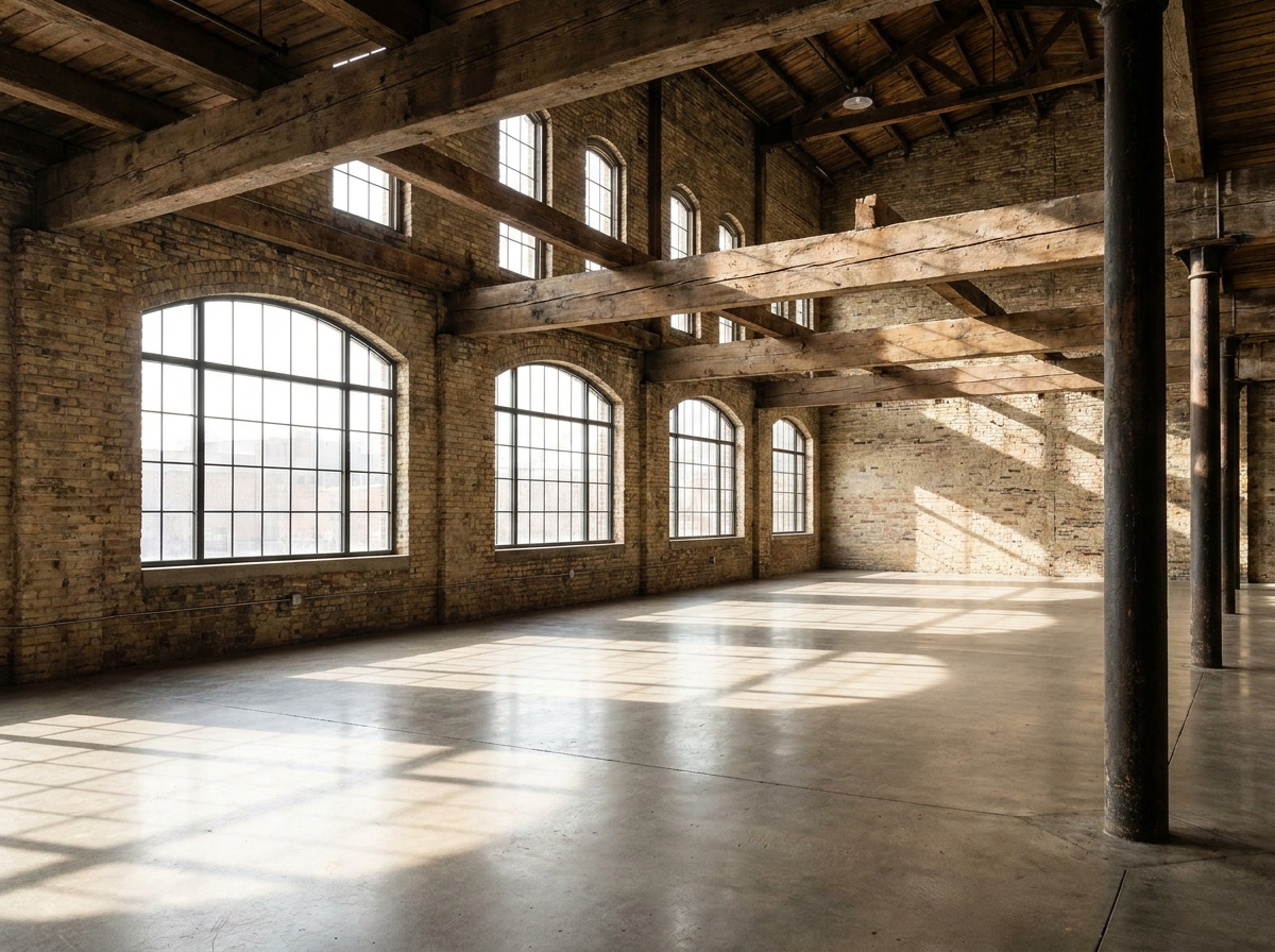 An empty event space in a historic Milwaukee brewery, ready for ticketed events.