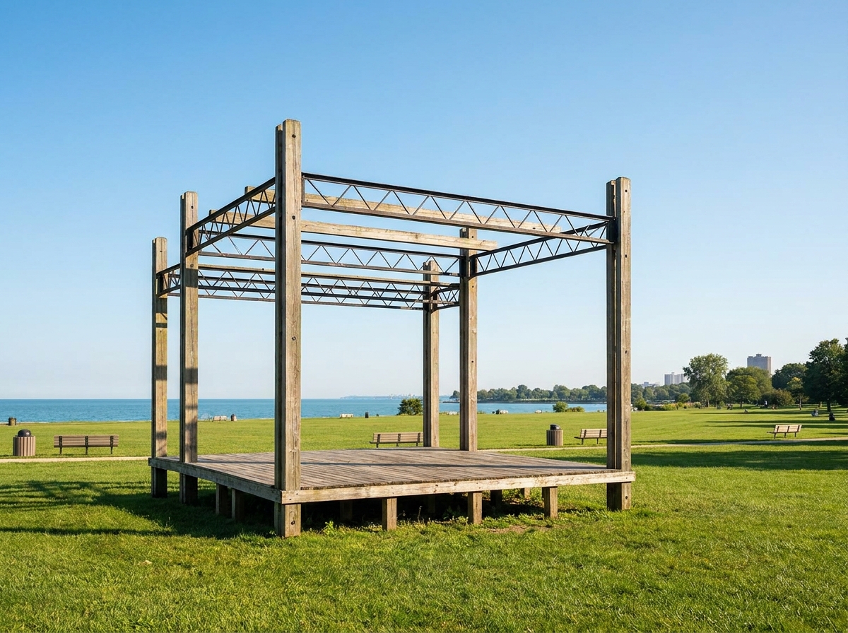 An outdoor stage prepared for a Milwaukee summer festival by Lake Michigan.
