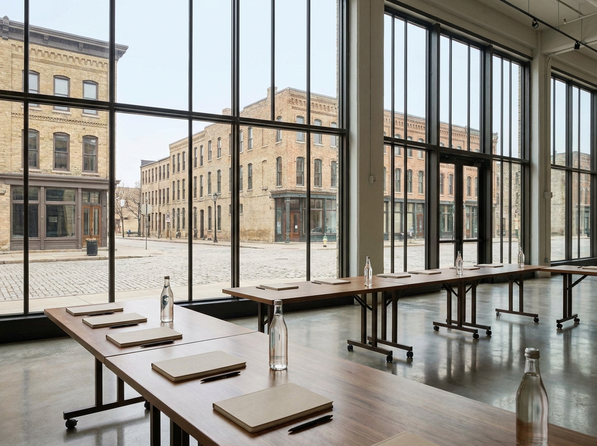 A prepared event space in Milwaukee's Third Ward for a professional conference.