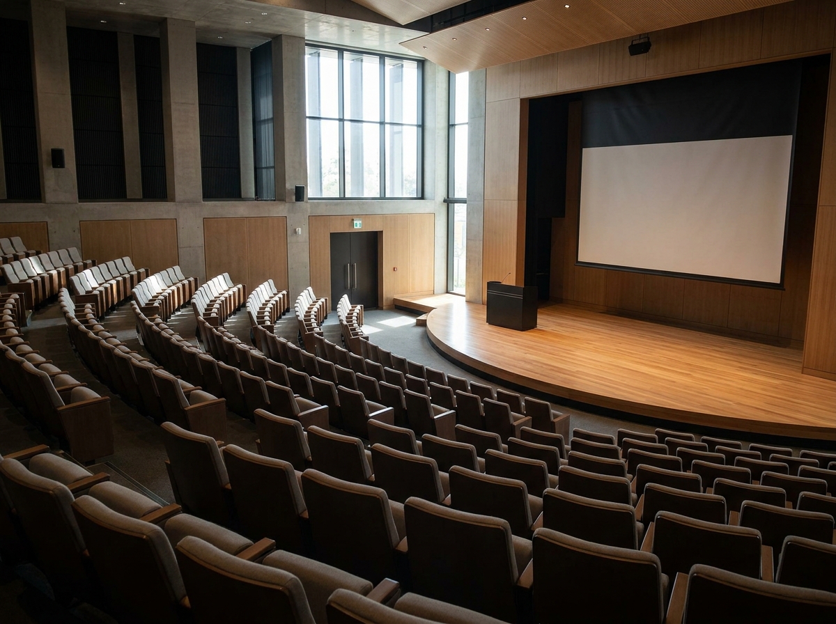 An empty stage and seating in a Milwaukee venue set for a professional event.