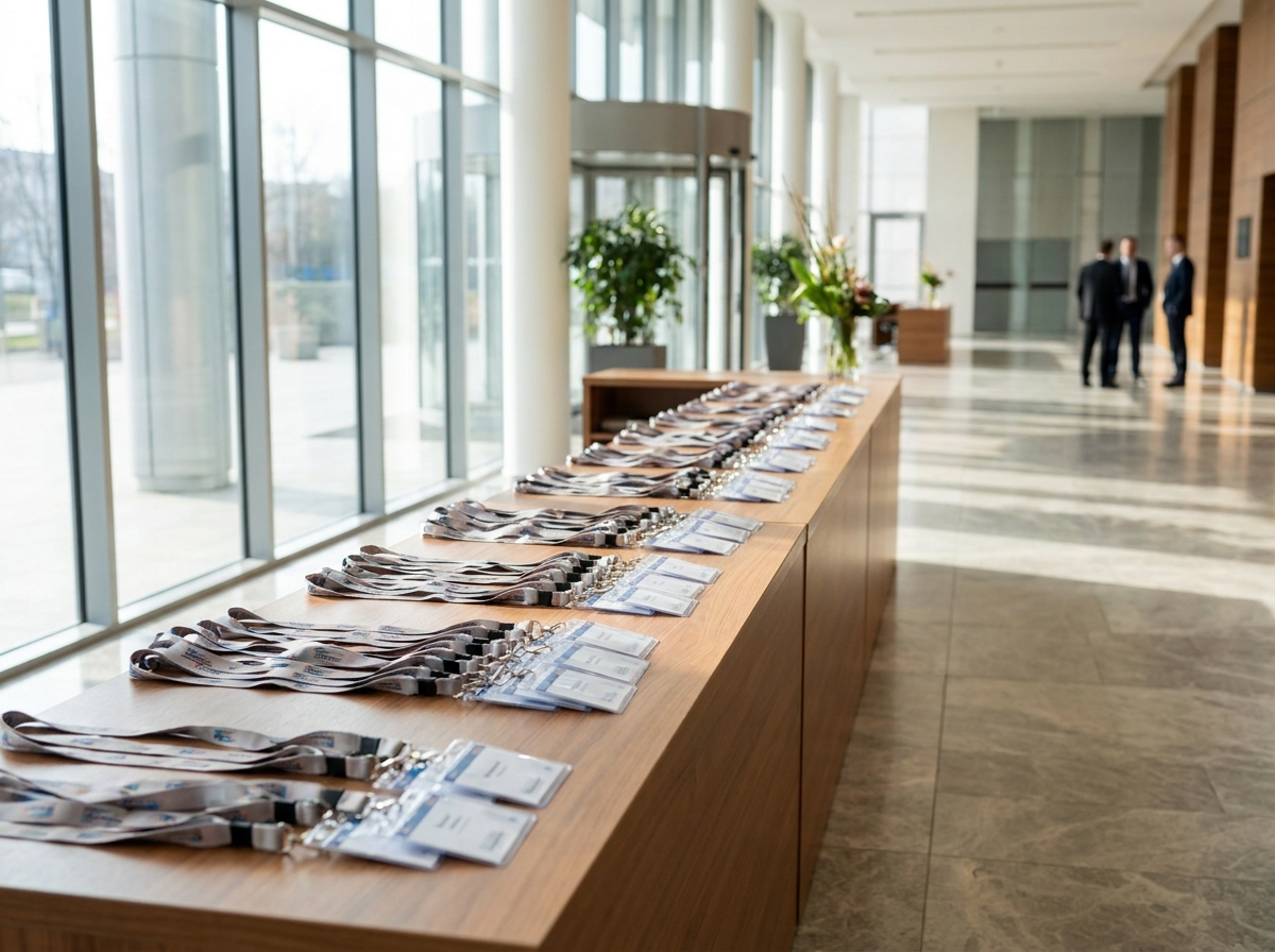 A registration desk prepared with name badges for a Milwaukee business event.