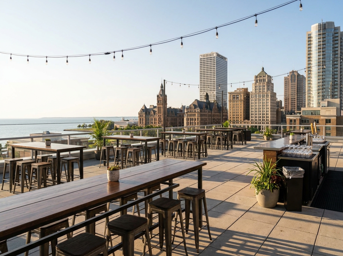 Rooftop venue overlooking Milwaukee, set up for a professional networking event.