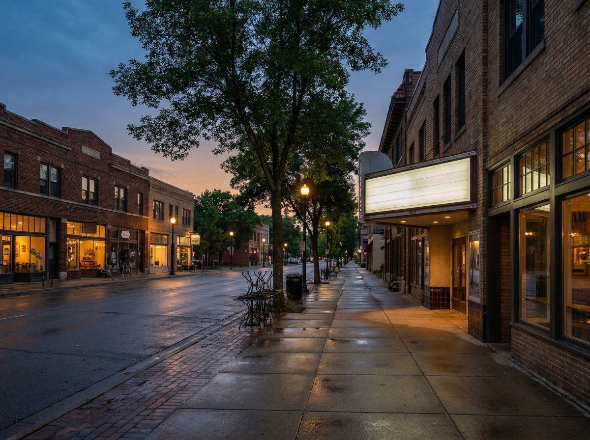 An empty theater marquee on a quiet street in Minneapolis.