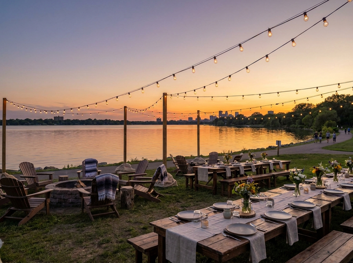 An outdoor festival space set up by a lake in Minneapolis at sunset.
