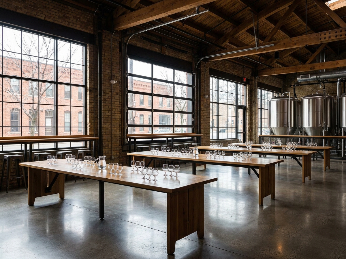 An empty, modern brewery taproom in Minneapolis ready for an event.
