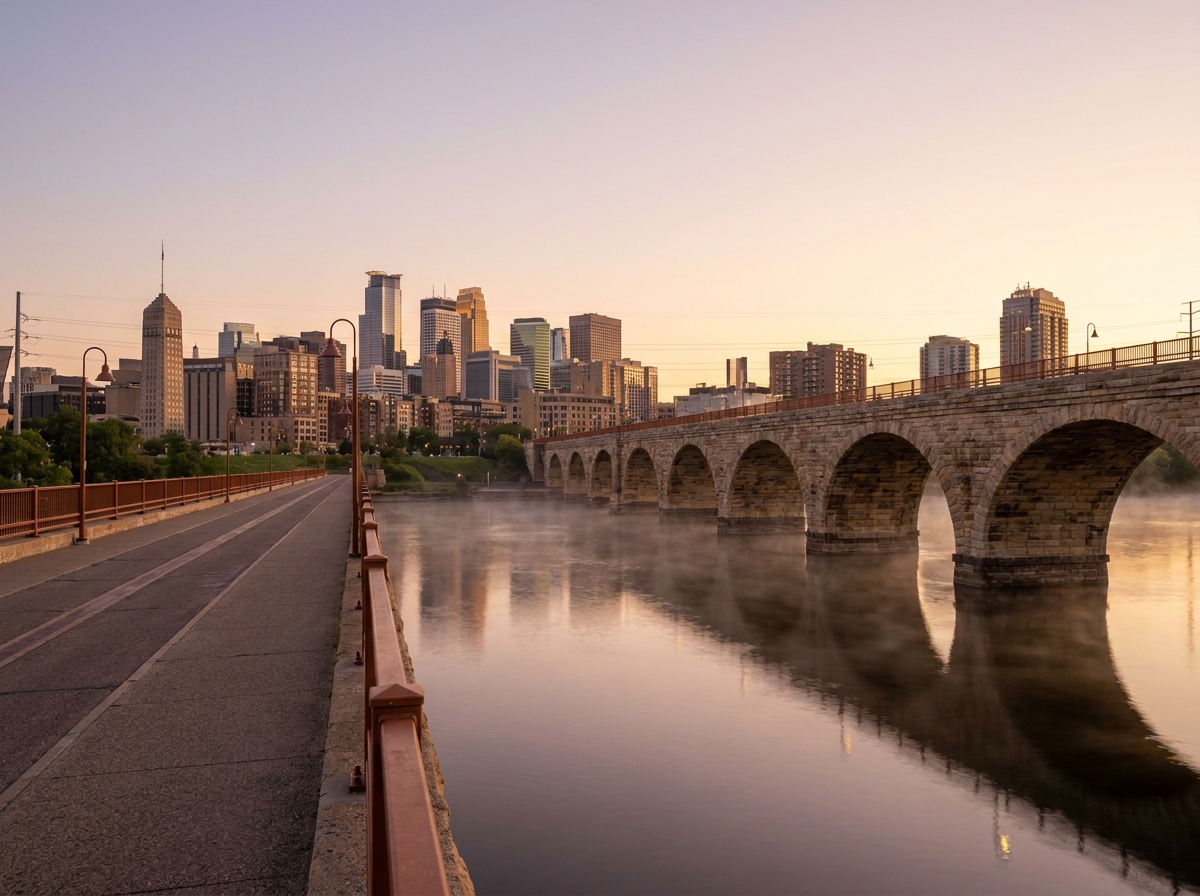 The iconic Stone Arch Bridge in Minneapolis at sunrise.