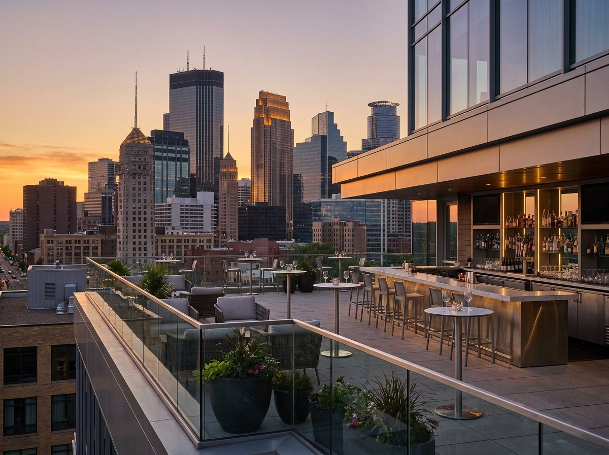 A rooftop venue in Minneapolis set for a business networking event at sunset.