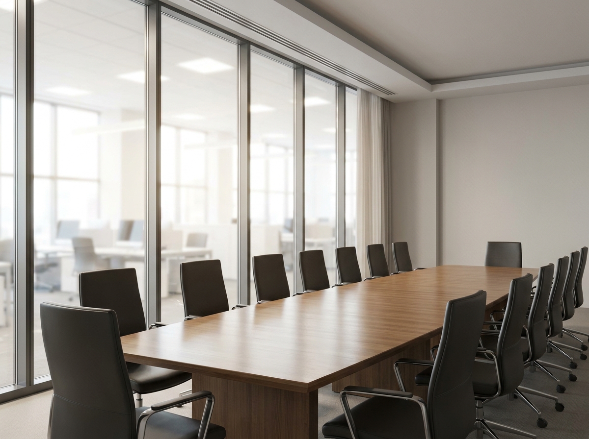 An empty conference room set up for a professional meeting in Minneapolis.