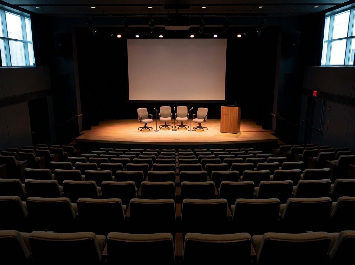 An empty stage prepared for a business conference panel discussion in Minneapolis.