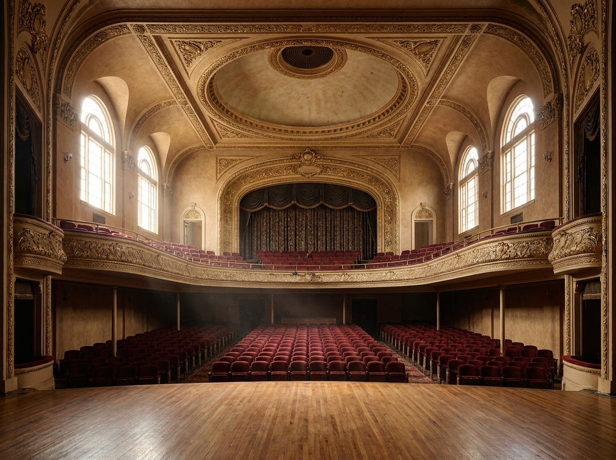 An empty, historic theater in Mobile, ready for a performance.