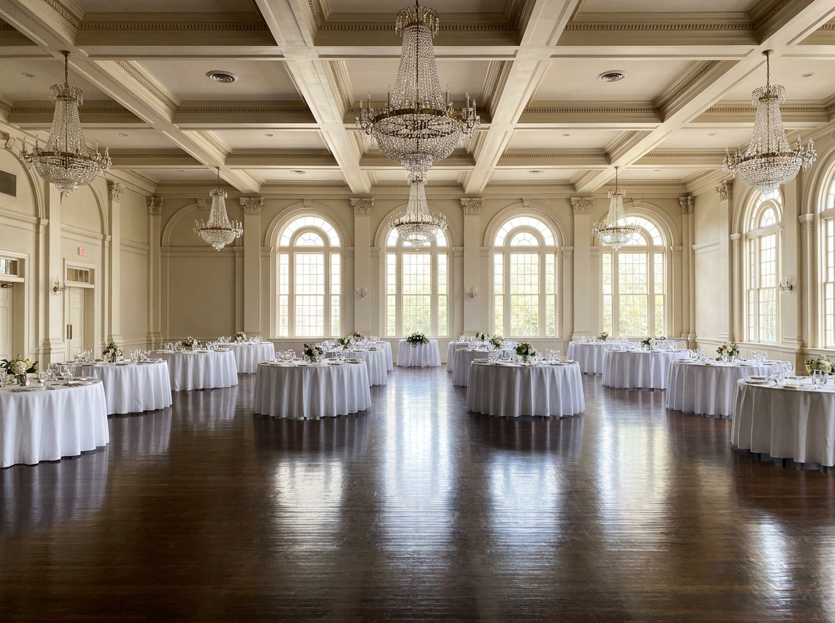 An empty, classic ballroom in Mobile set up for a formal event.