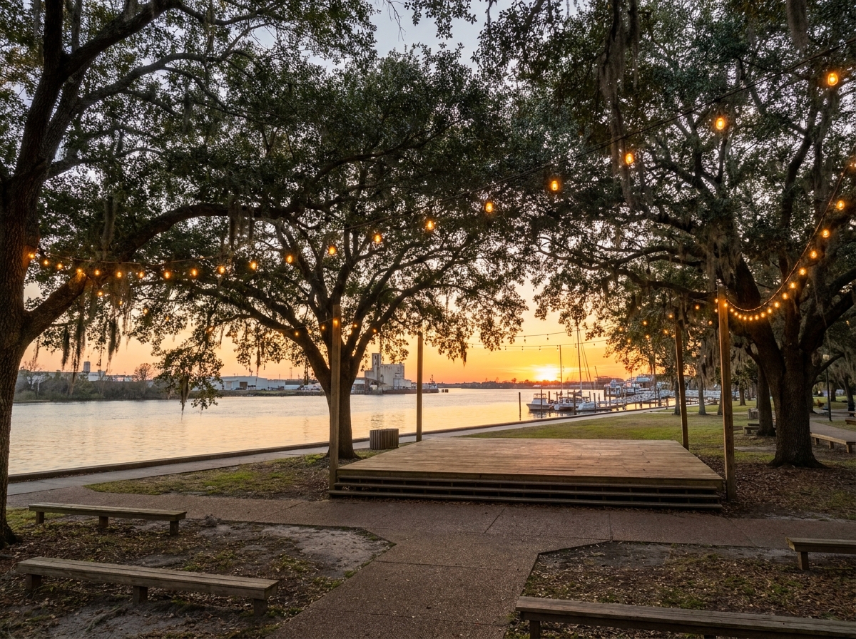 An outdoor event space in Mobile prepared for a festival at sunset.