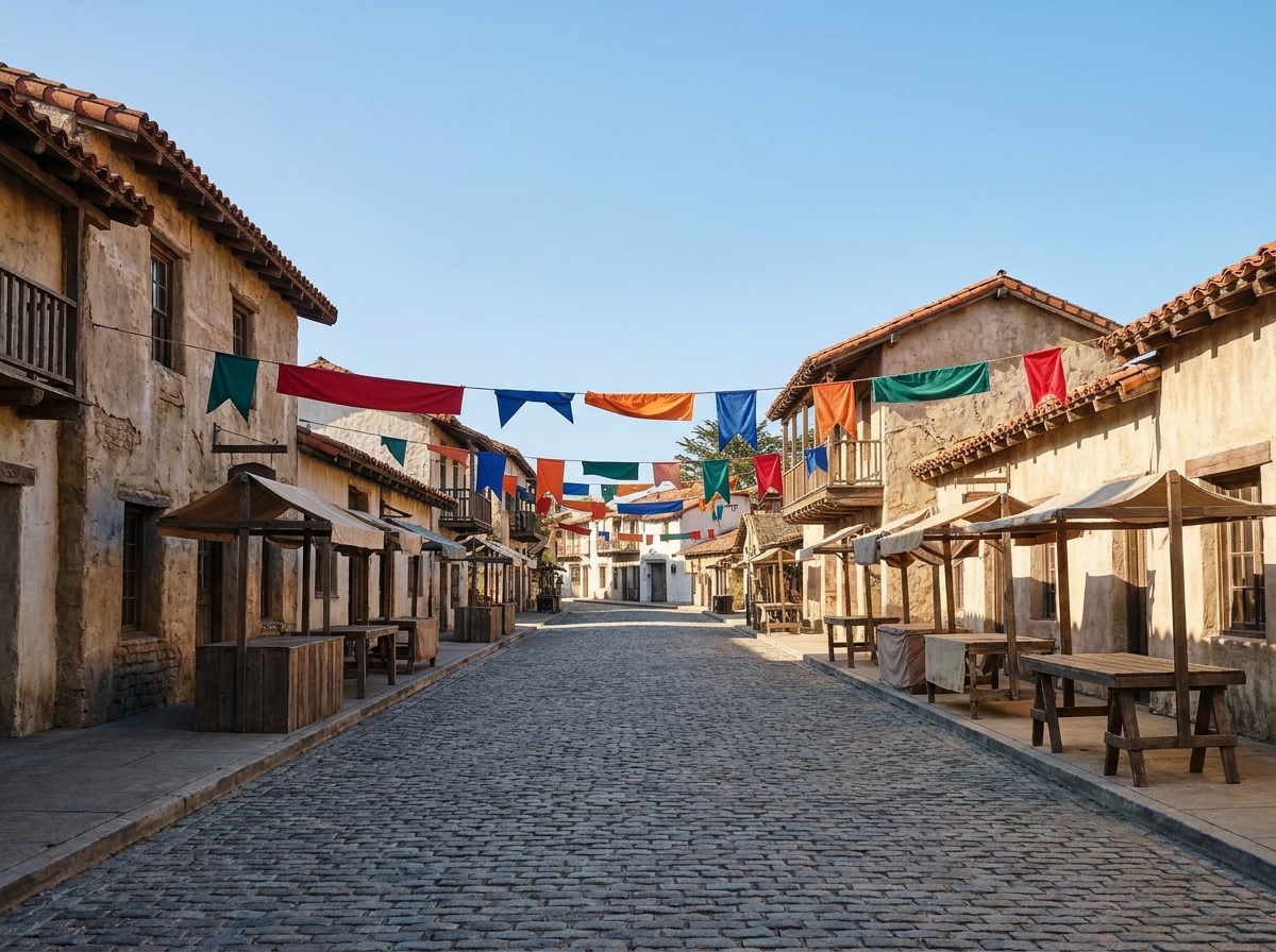 A historic street in Monterey set up for a local community event.