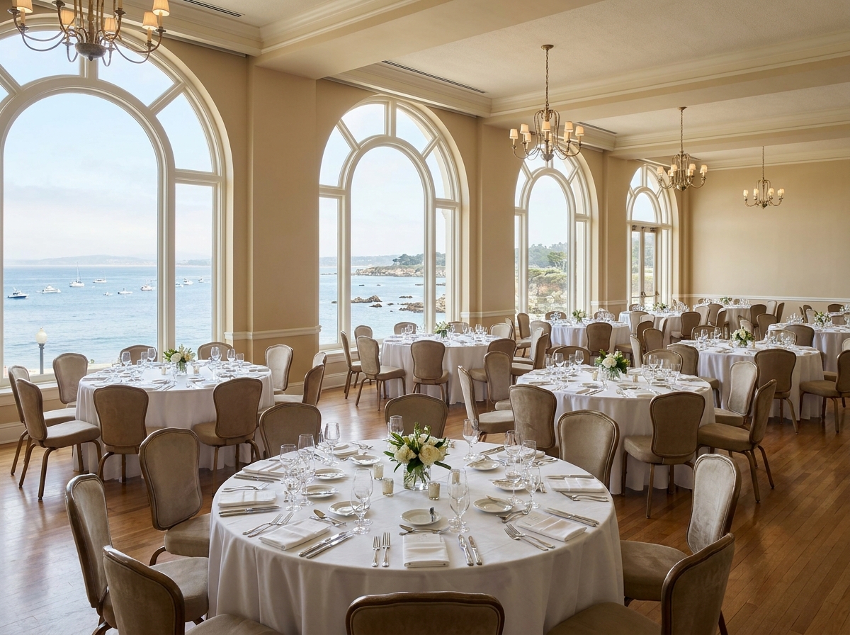 An empty hotel ballroom in Monterey prepped for a corporate event, overlooking the water.