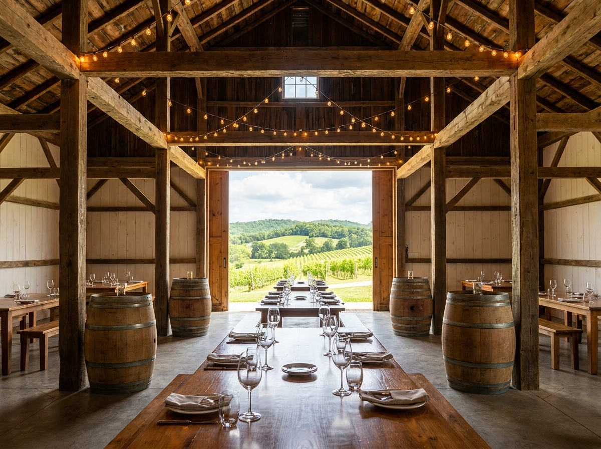 An empty event venue in a winery set for a tasting event.