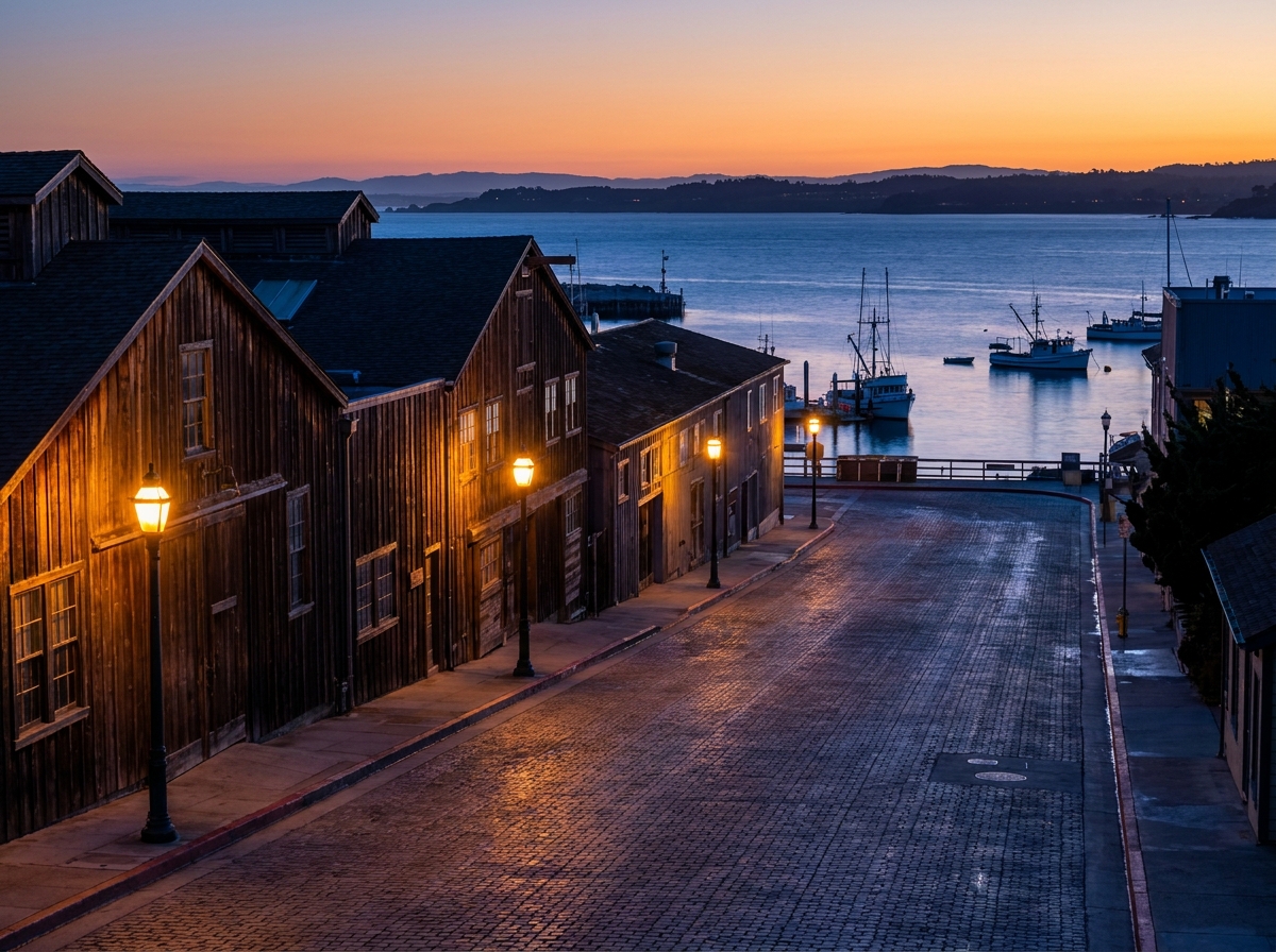 The historic Cannery Row in Monterey at dusk, a popular location for events.