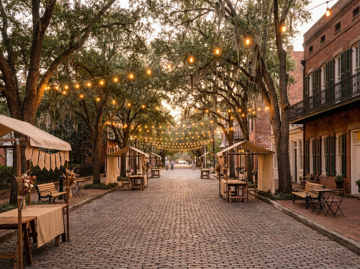 A historic street in Montgomery set up for an evening event.