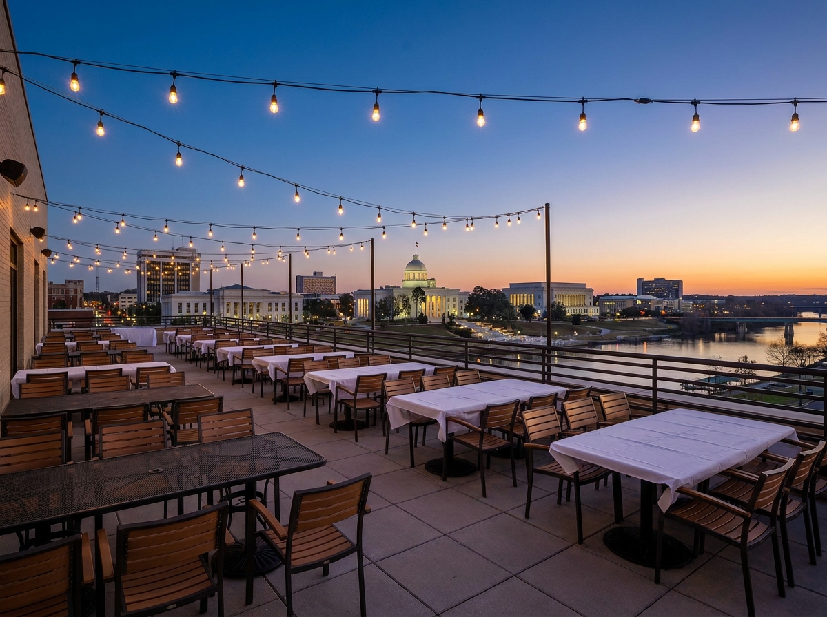 An empty rooftop event venue in Montgomery at dusk.