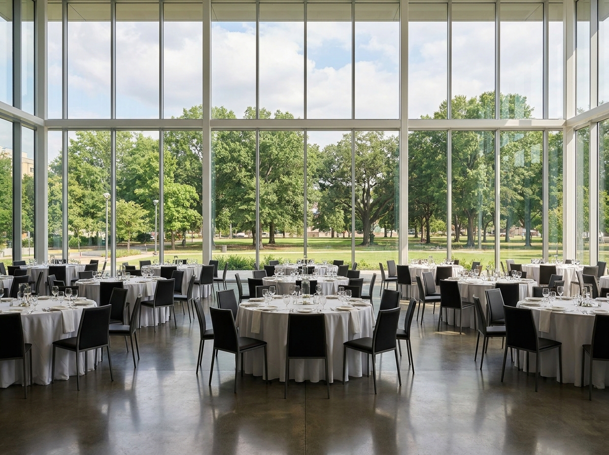 A modern Montgomery event space set up for a gala or fundraiser.