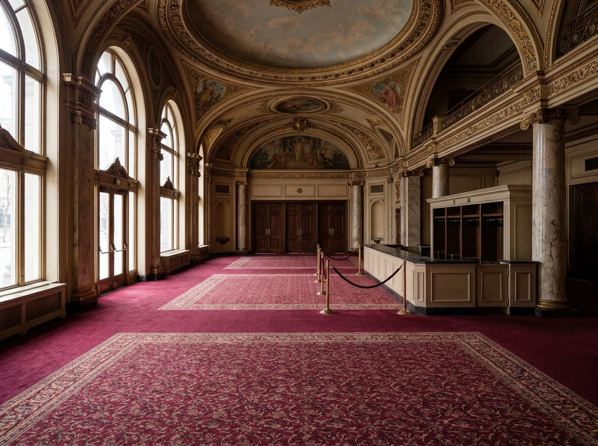 The lobby of a classic Montreal theatre, set up for event ticketing and check-in.
