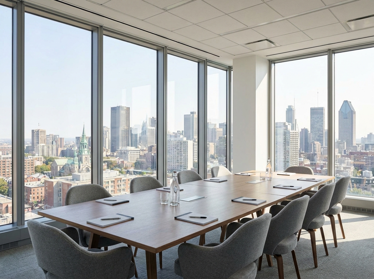 A meeting room with a view of Montreal, representing event planning and analytics.