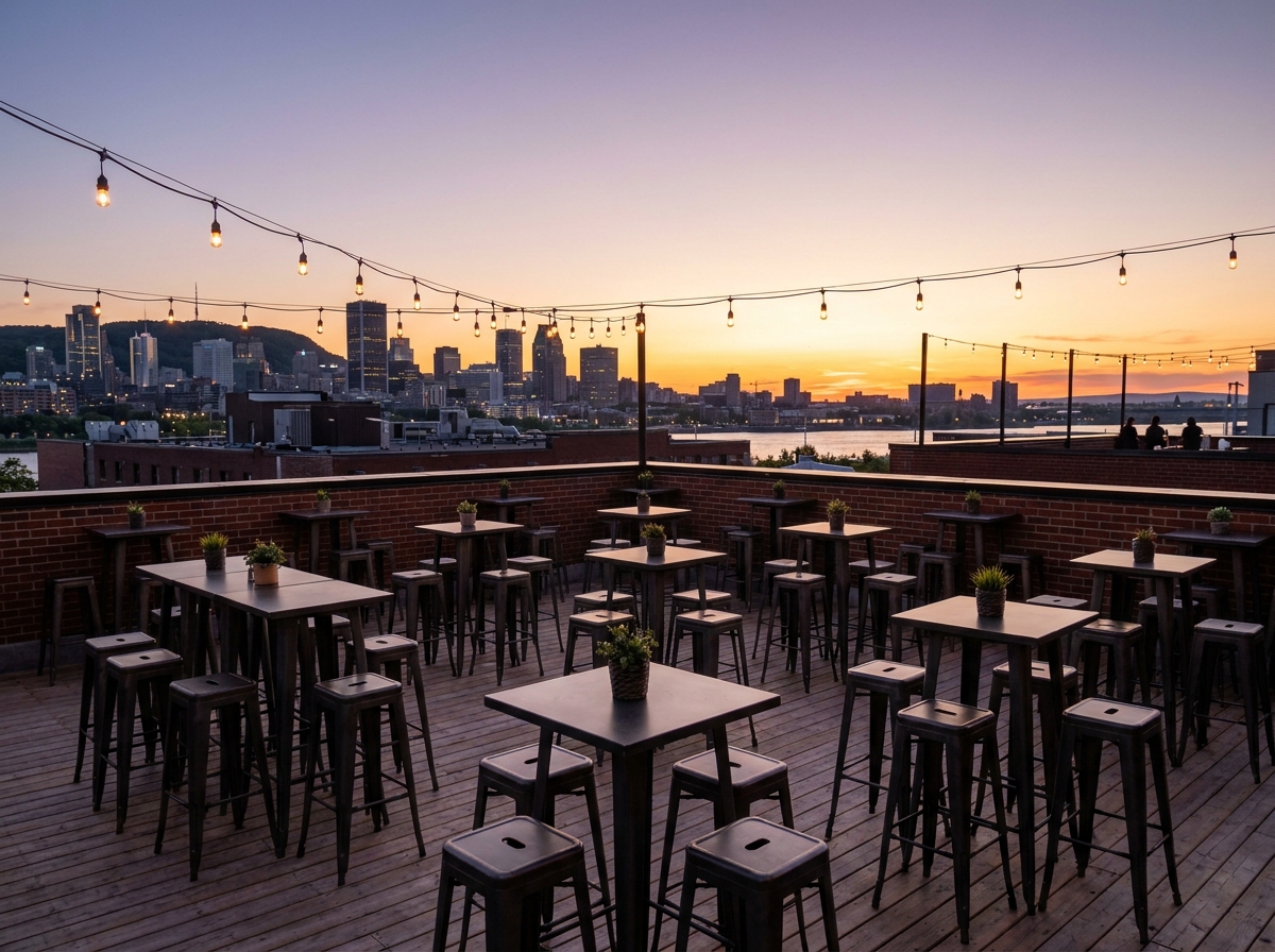 An empty rooftop terrace prepared for a networking event with a Montreal city view.