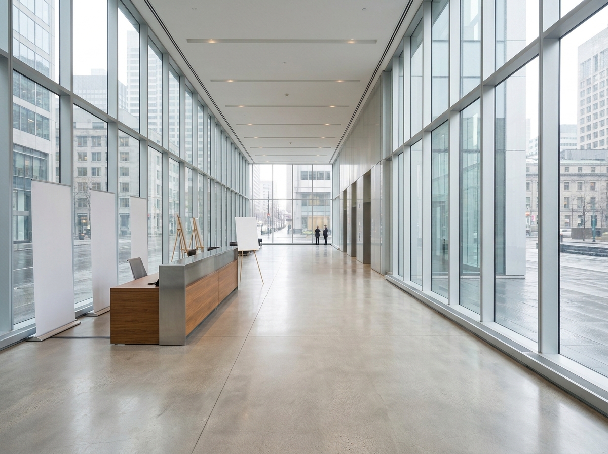 An empty registration area for a professional event in a modern Montreal building.