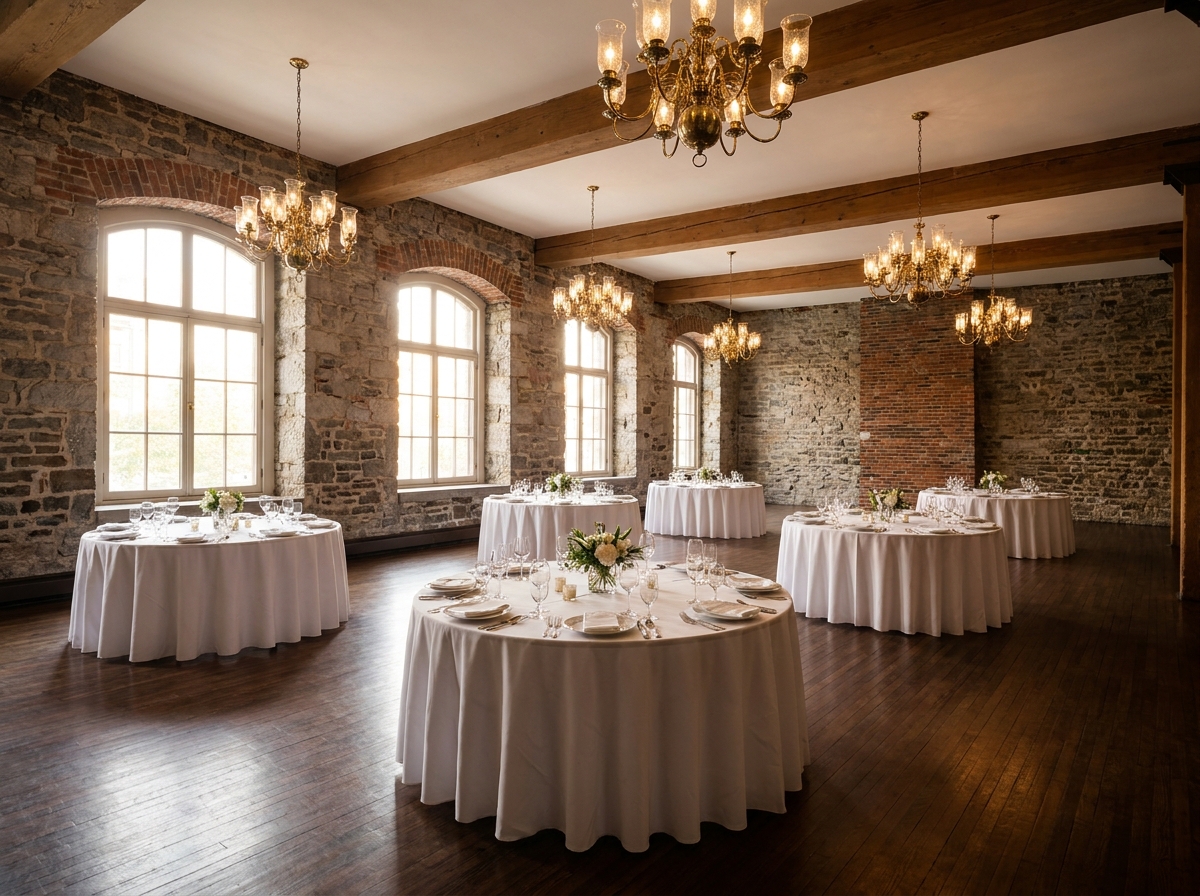 An empty, historic venue in Old Montreal set up for a business event.