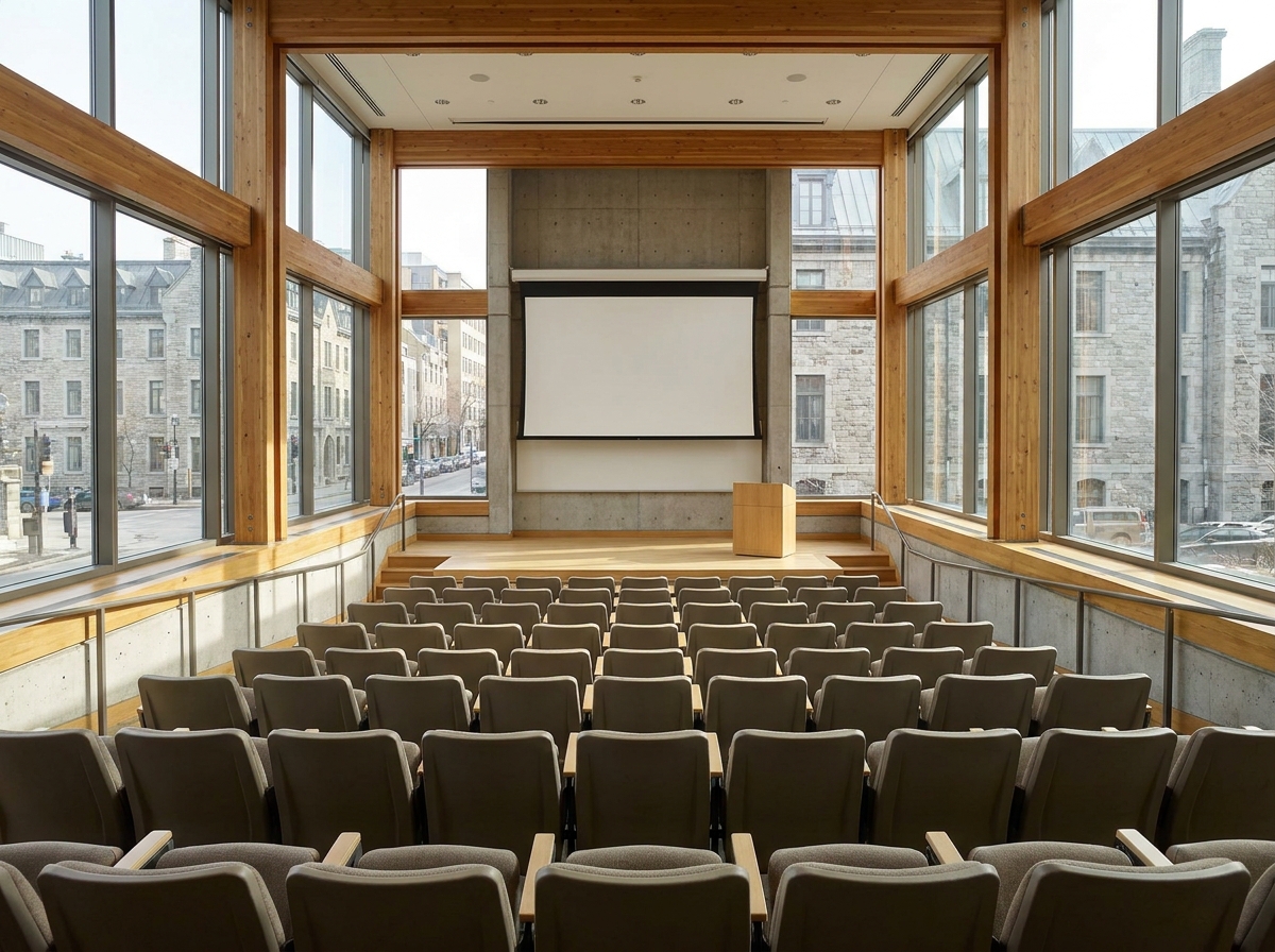 An empty modern conference room in Montreal set up for a professional seminar.