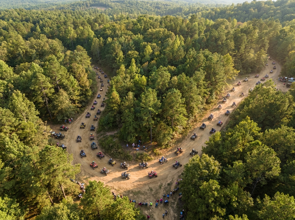 Aerial view of an ATV event with vehicles on a dirt course in the woods.