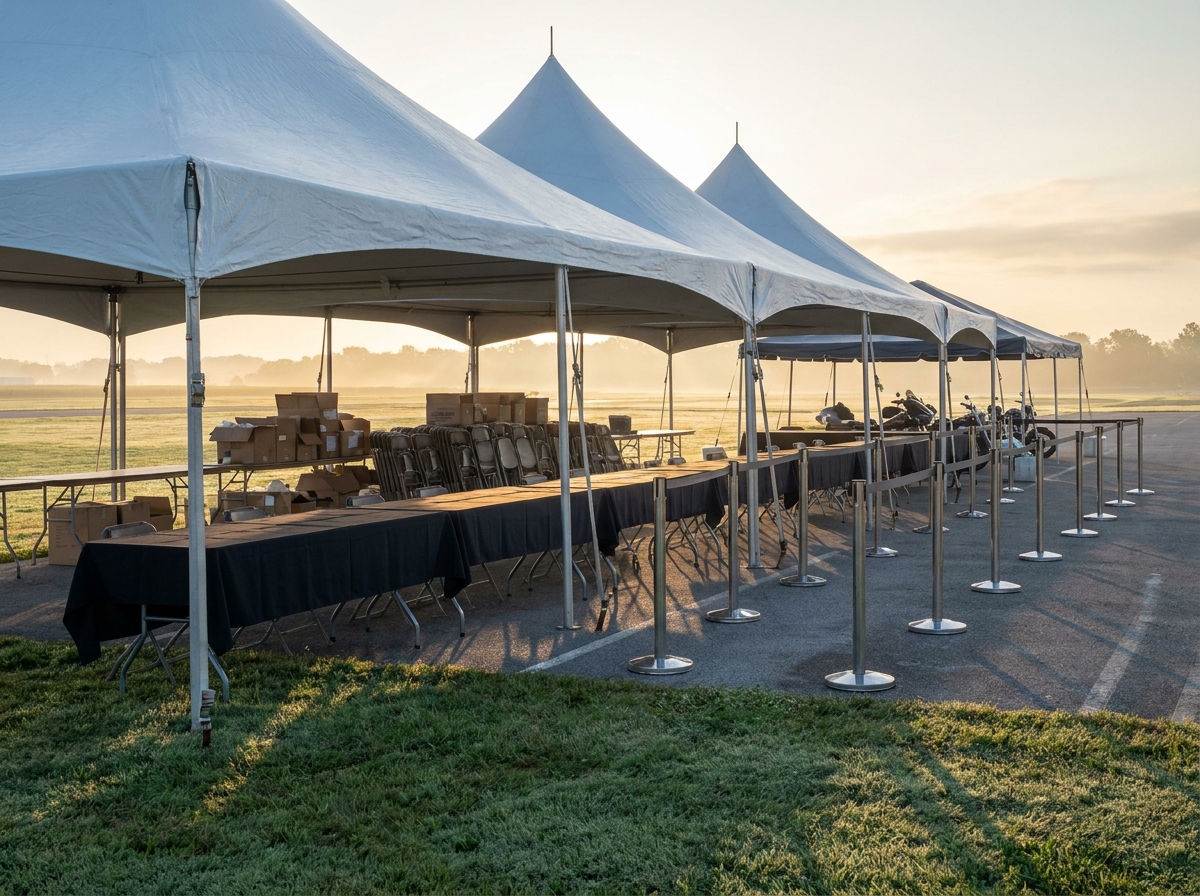 An organized registration and check-in area at a large outdoor motorcycle/ATV event.