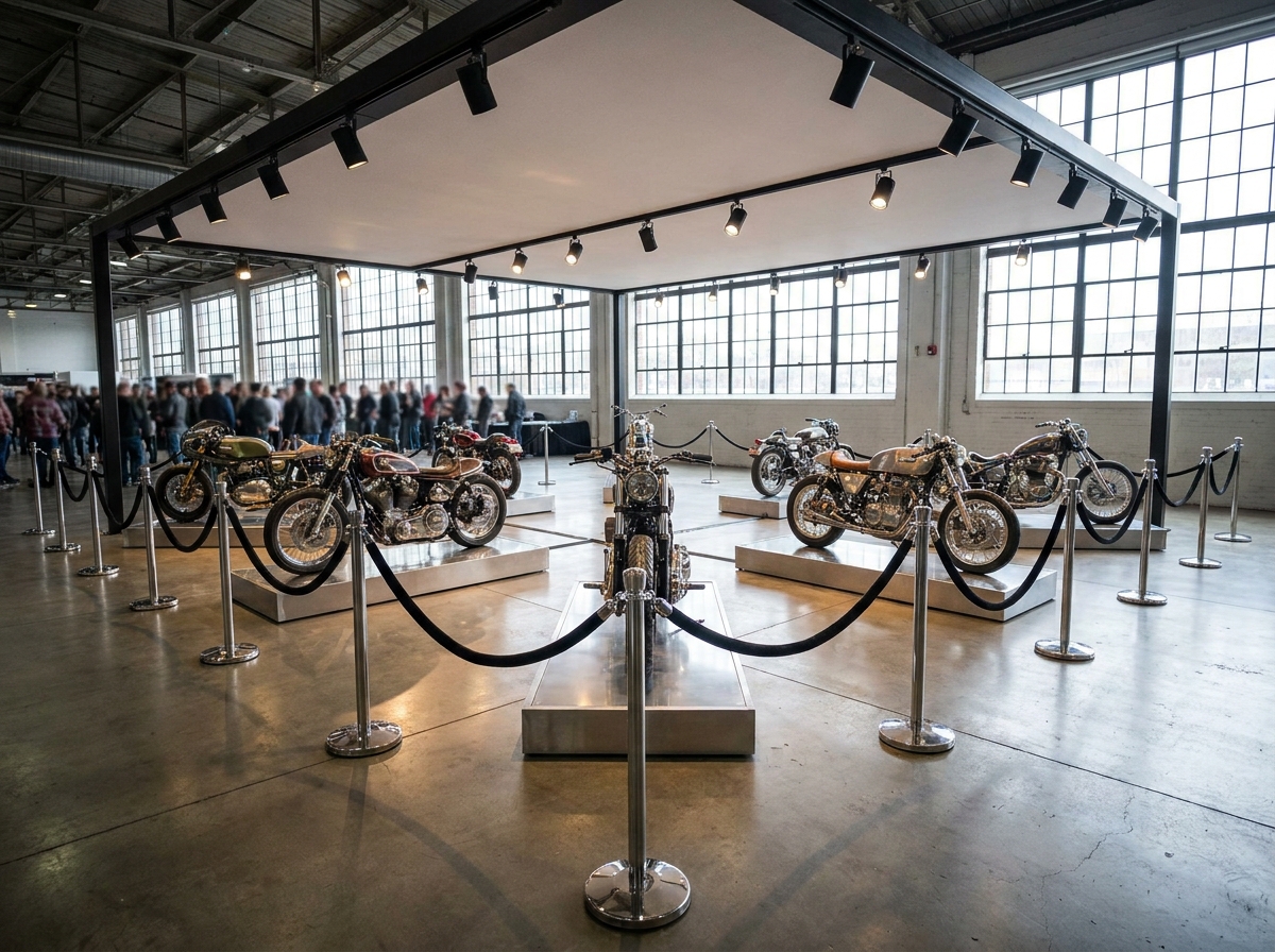 A VIP display of custom motorcycles at a show, illustrating exclusive ticket perks.