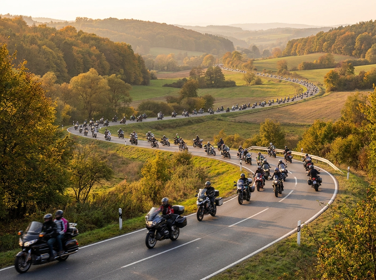 A long line of motorcycles on a scenic road during a group ride event.
