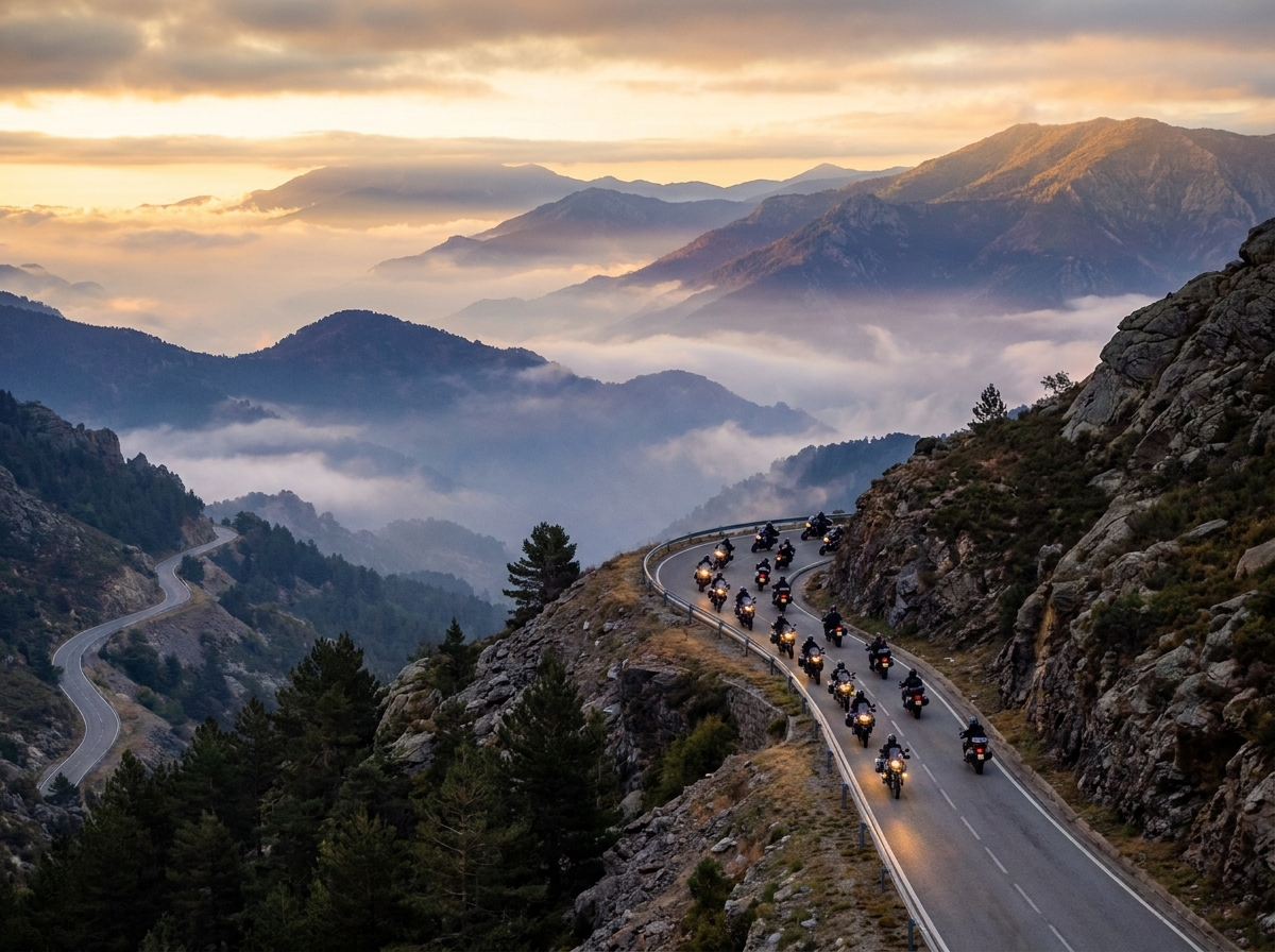 A group of motorcycles riding on a scenic road during a rally event.