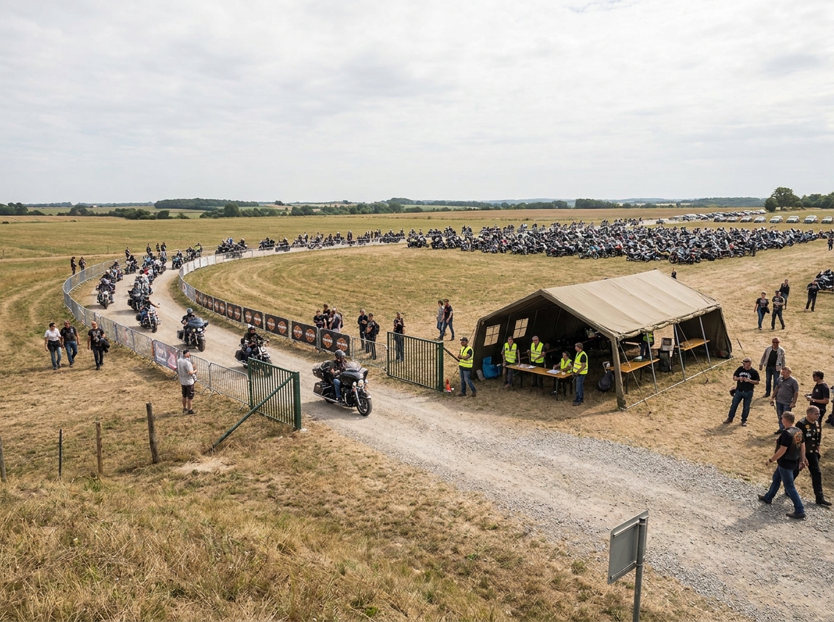 The organized entry gate and check-in area for a large motorcycle rally.