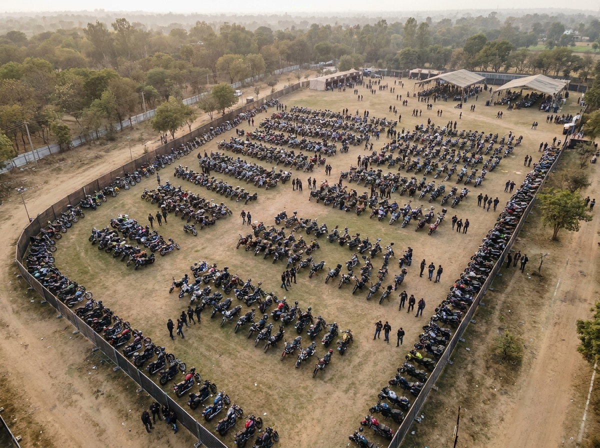 An aerial view of a large-scale motorcycle rally with hundreds of bikes.
