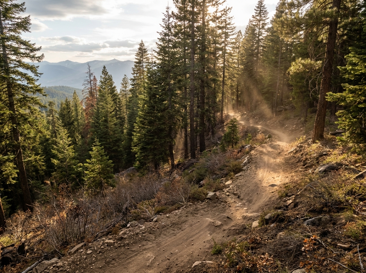 A winding mountain bike trail through a sunlit forest, ready for a mountain biking event.
